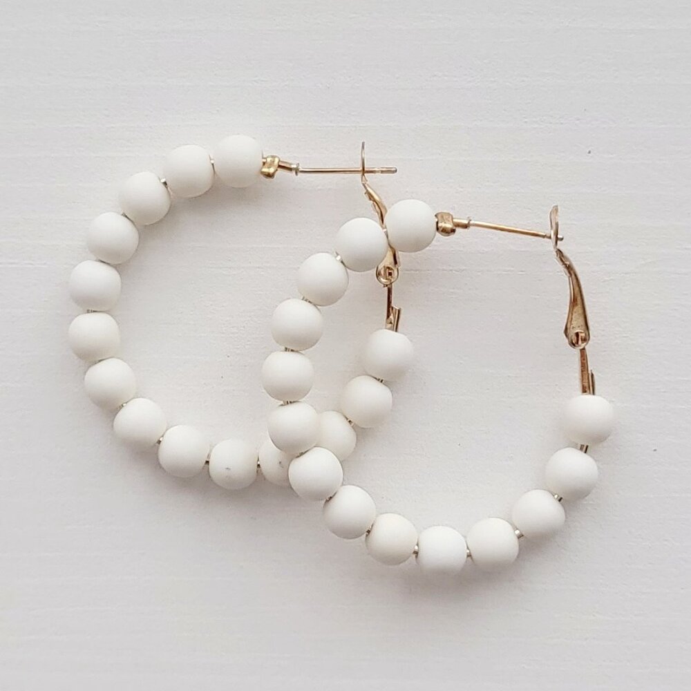Elegant Solid White Beaded Hoop Earrings - Perfectly Chic and Timeless